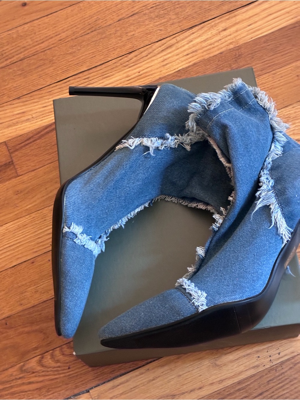 Denim Frayed Stiletto Ankle Boots - Blue